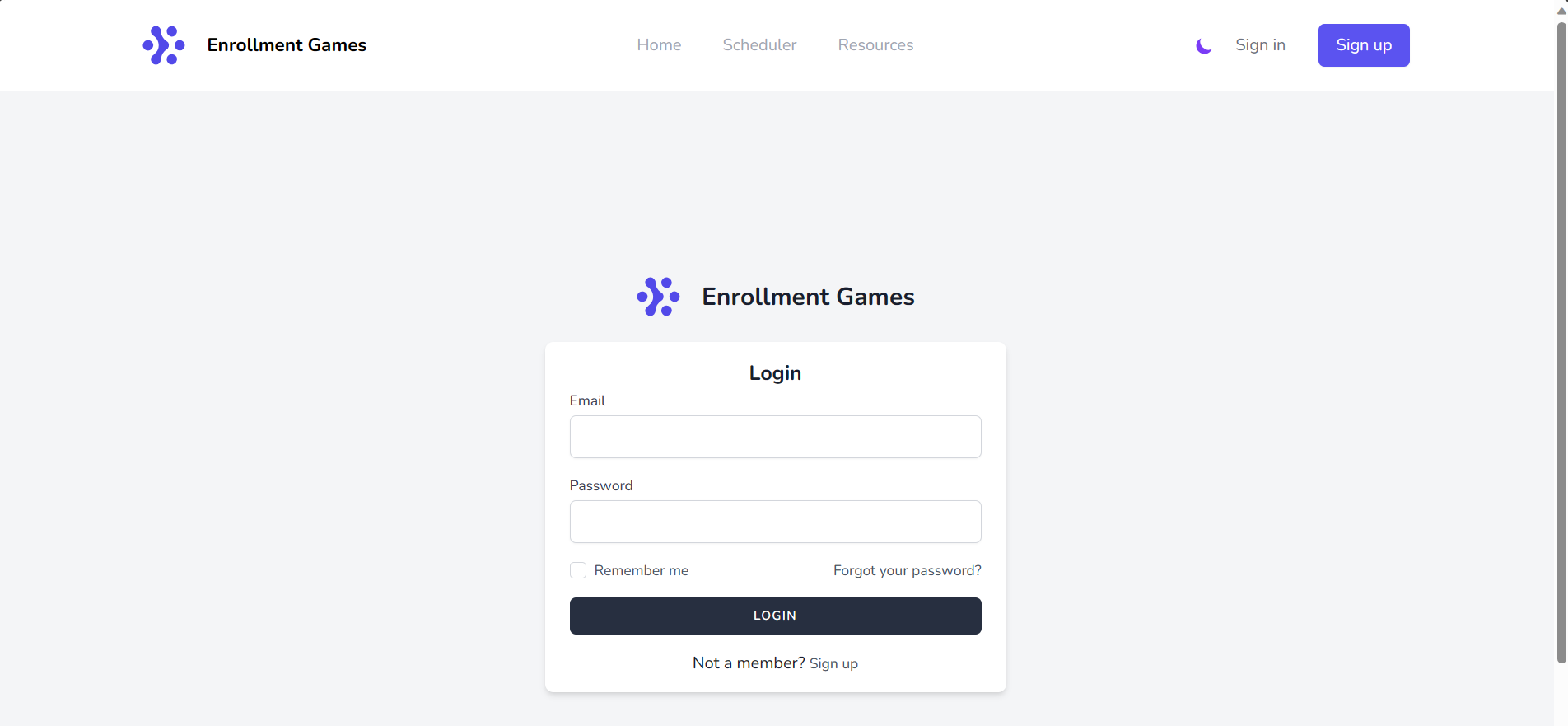 Enrollment Games login screen
