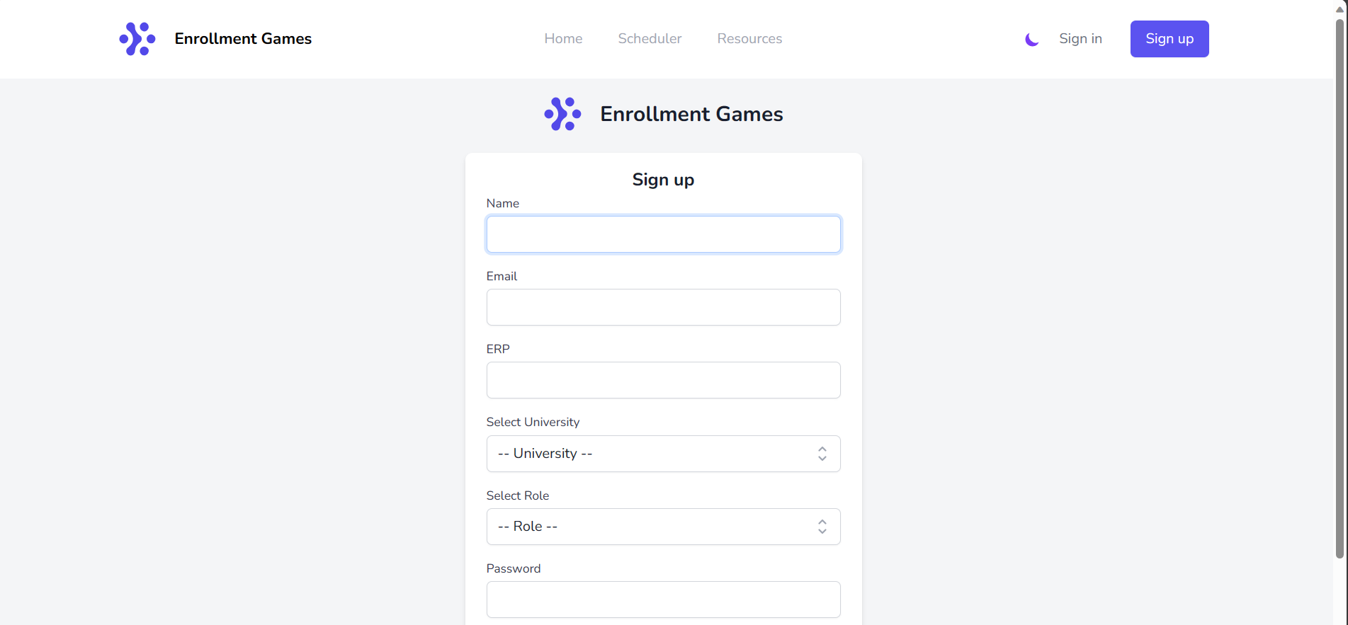 Enrollment Games registration screen